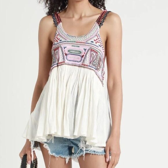 P Jean White Embroidered Beaded Sleeveless Top | Size 8 - Picture 1 of 11